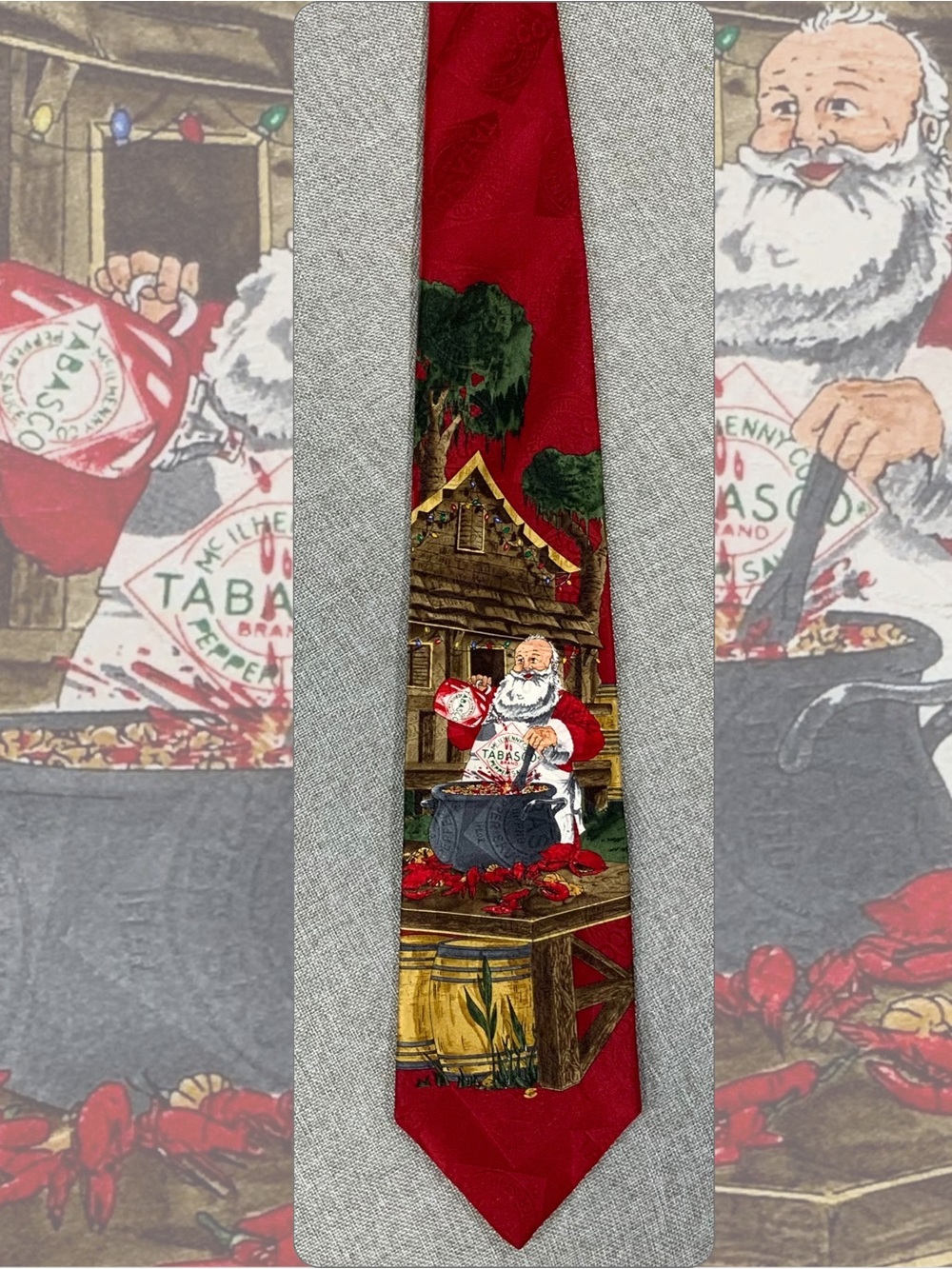 Santa's Cajun Crawfish Boil Tabasco Christmas Silk Tie Vintage Made in USA